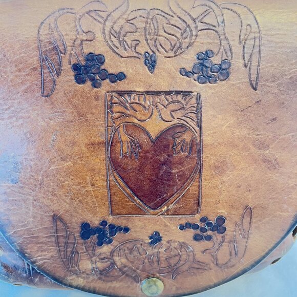 Rare Retro / Boho Rustic Hand Tooled 1970’s Heart & Floral Design Hippie Bag - Picture 3 of 10